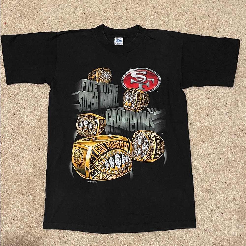 VINTAGE SF 49ERS 5 RINGS SUPER BOWL CHAMPIONS TEE SALEM SPORTSWEAR BAY YAY AREA